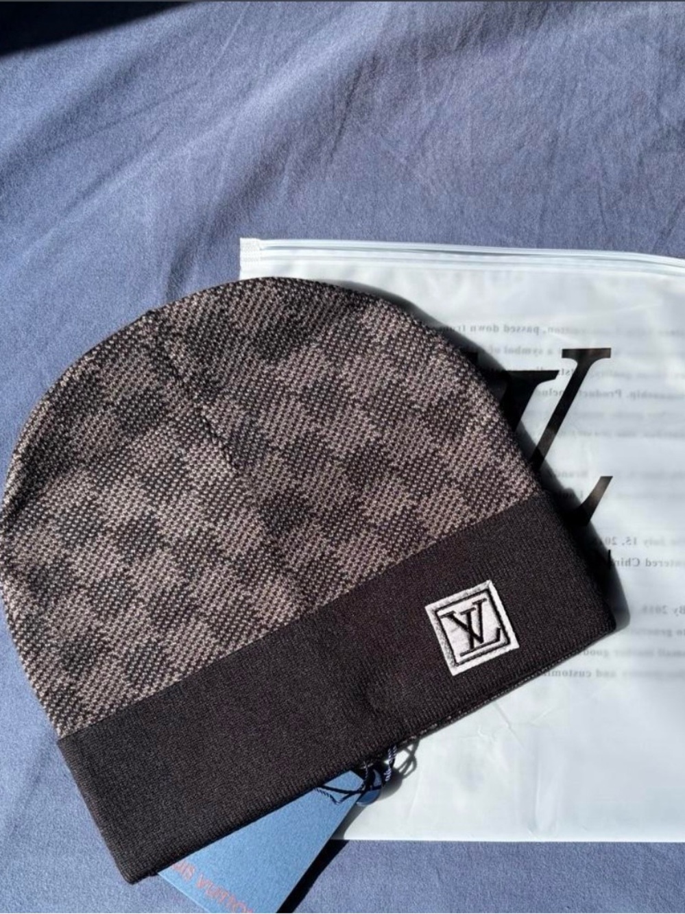 Louis Vuitton Brown Checked Knit Beanie with LV Patch